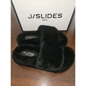 J/Slides women black Faux fur platform sandals US 10 Euro 41